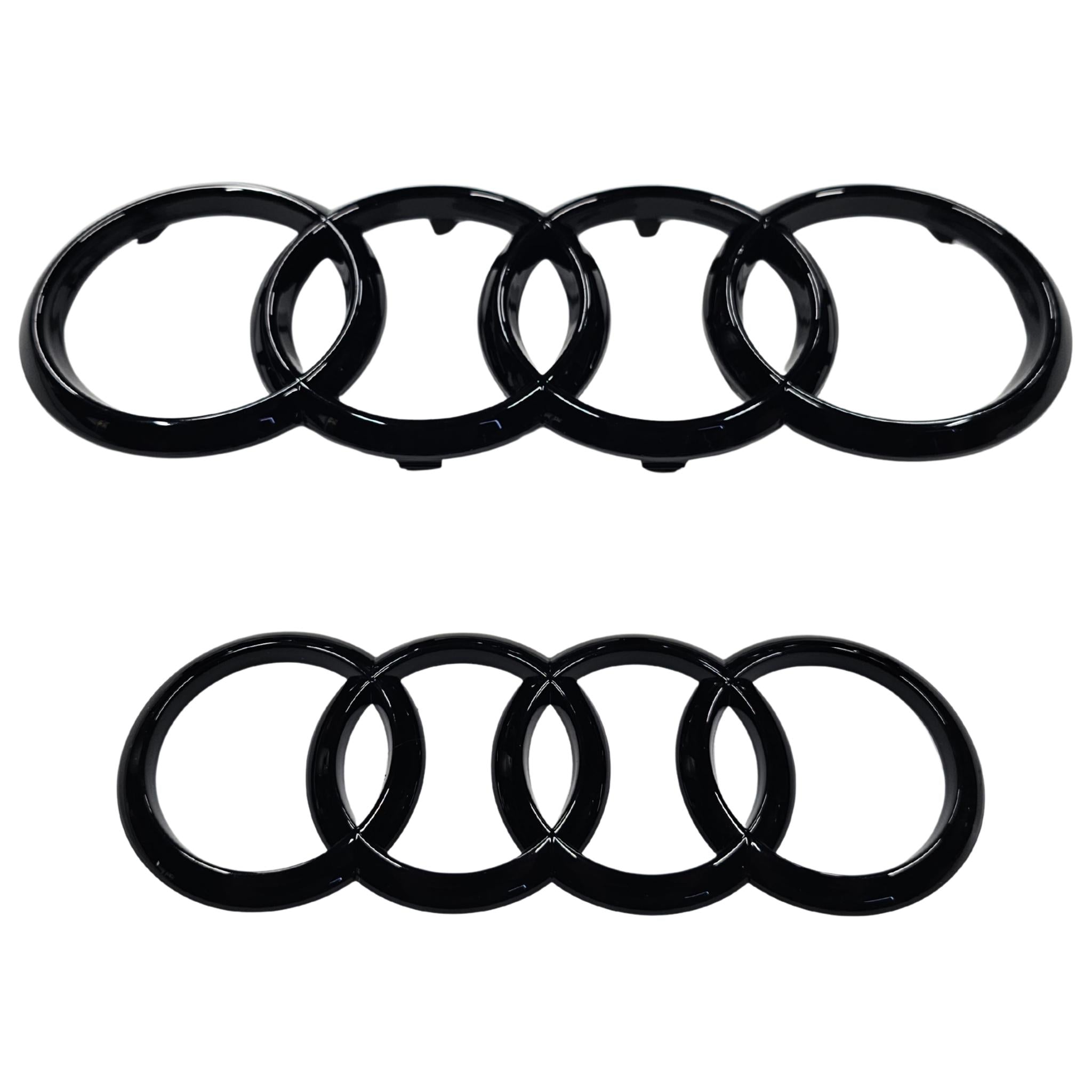 Front and Rear Gloss Black Audi Badges emblems on a white background