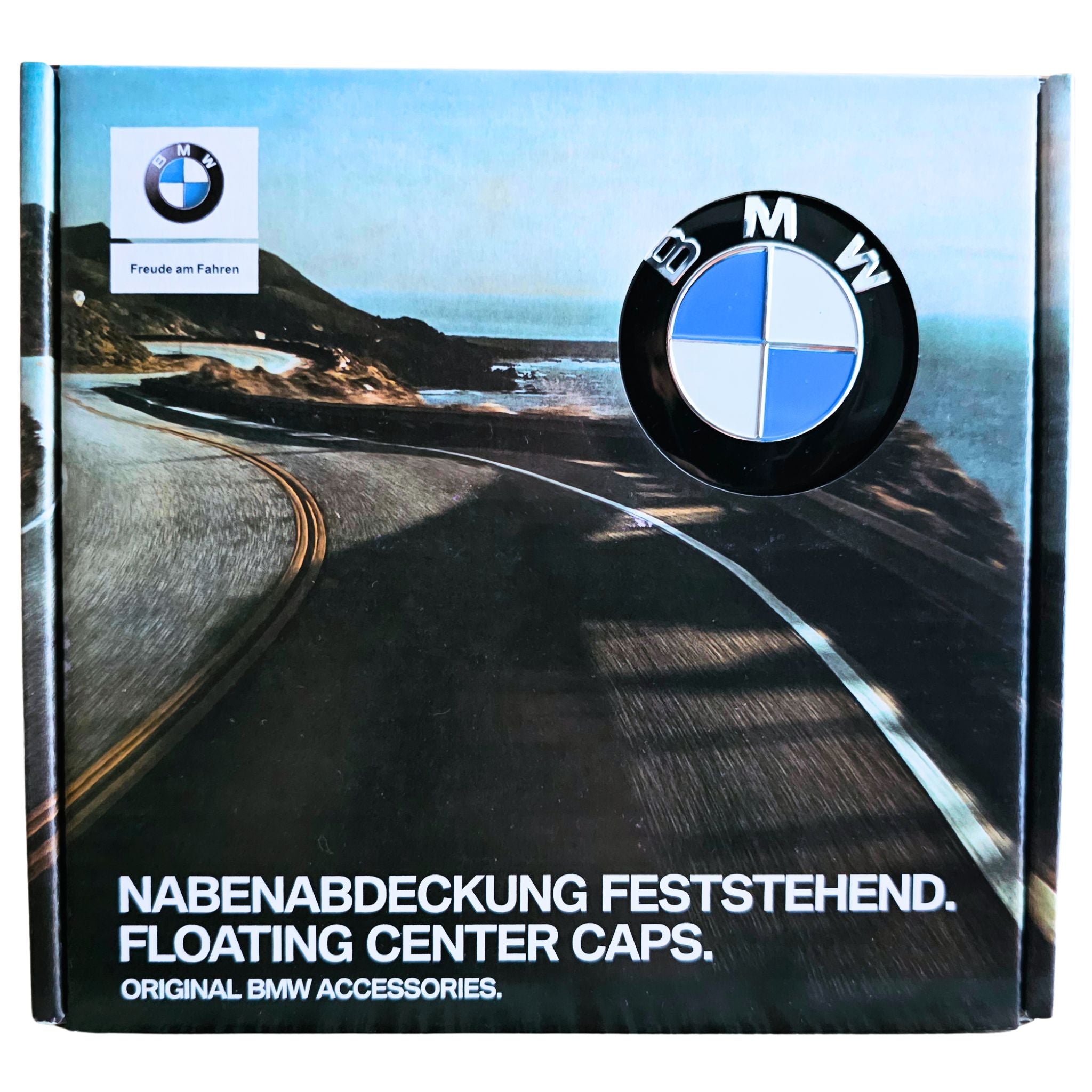 BMW packaging box for 56mm Dynamic Floating Spinning Wheel Centre Caps with logo on a white background