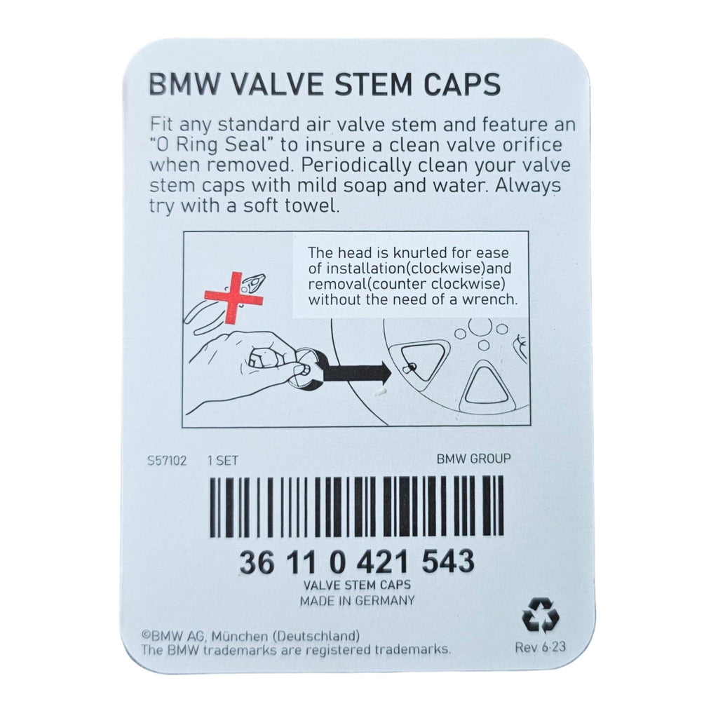 BMW valve stem caps packaging rear showing instructions.
