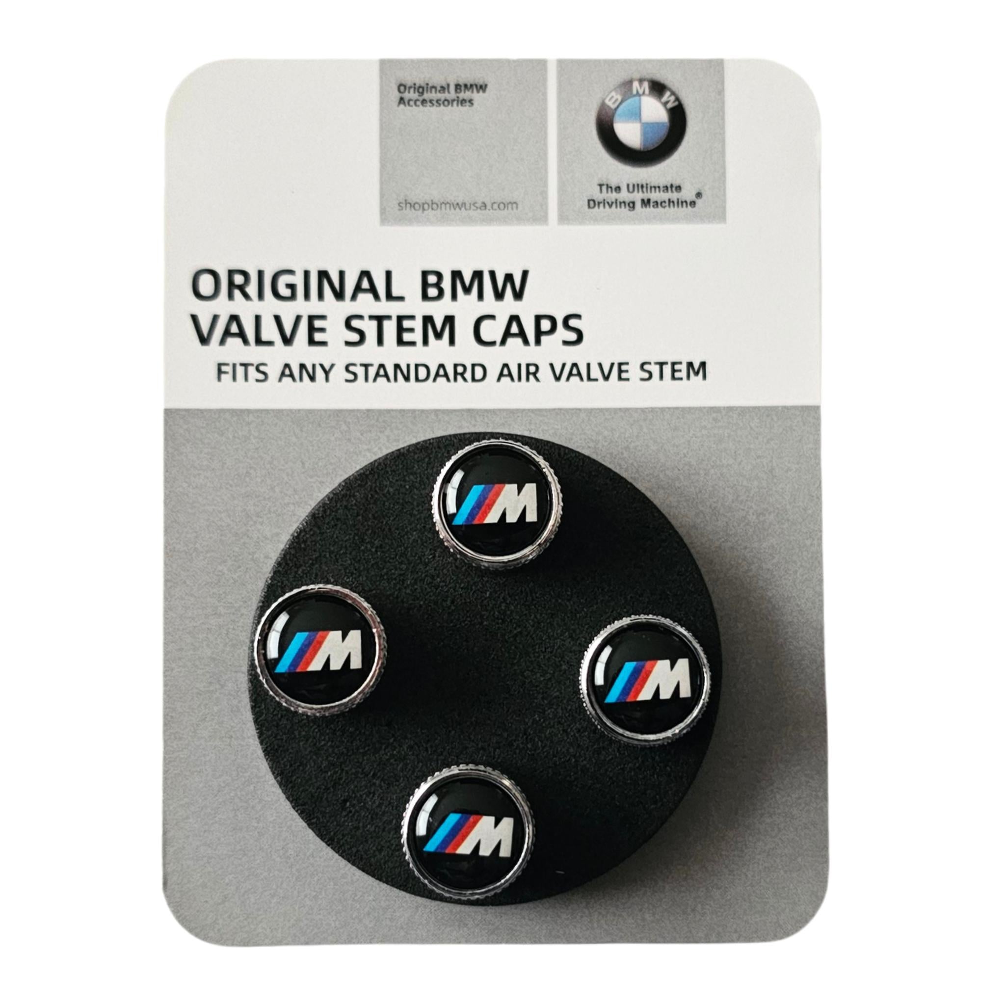 BMW valve stem caps on packaging with BMW logo