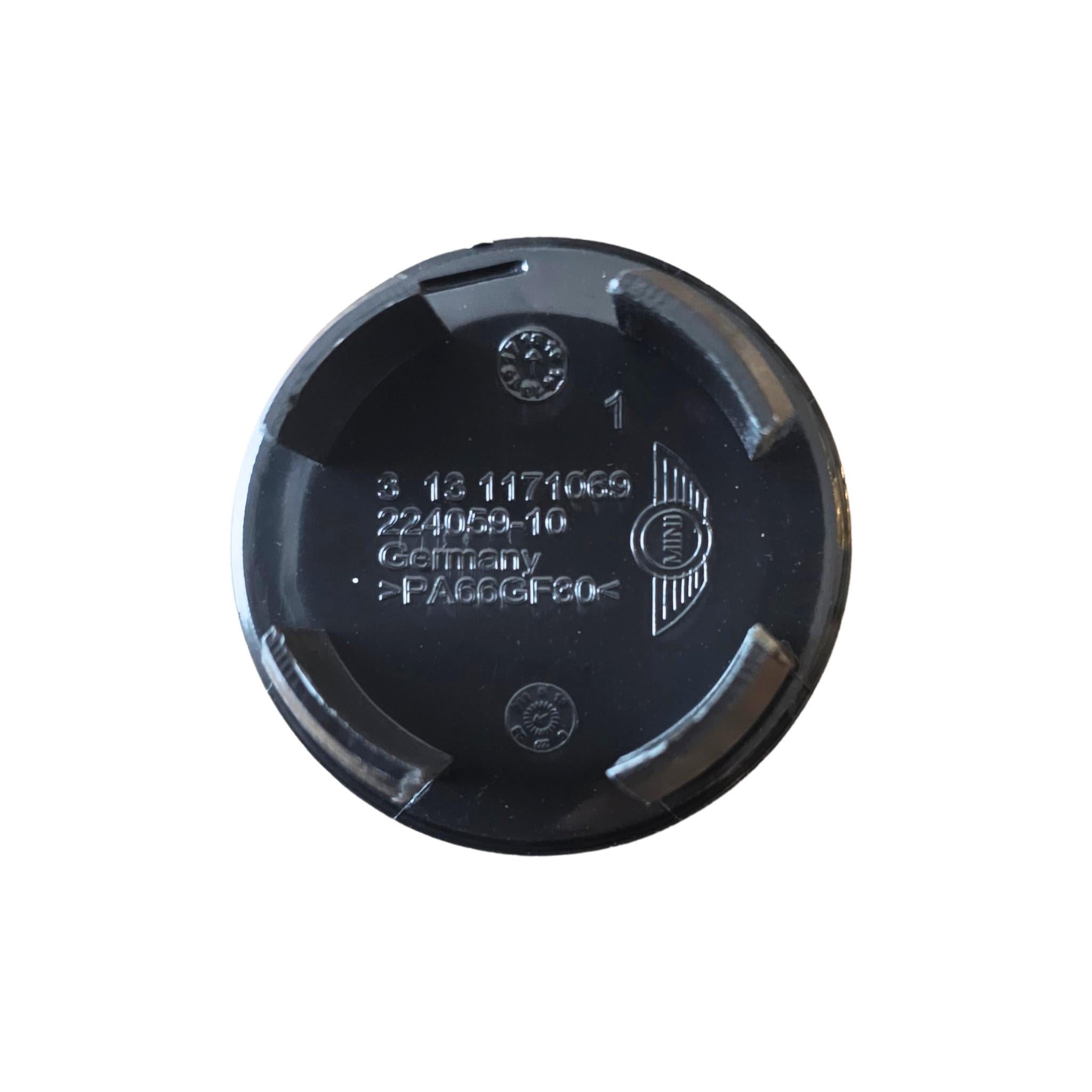 Rear view of Mini Cooper S wheel centre cap on a white background