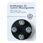 Set of Volkswagen VW tyre valve caps on a branded card with text.
