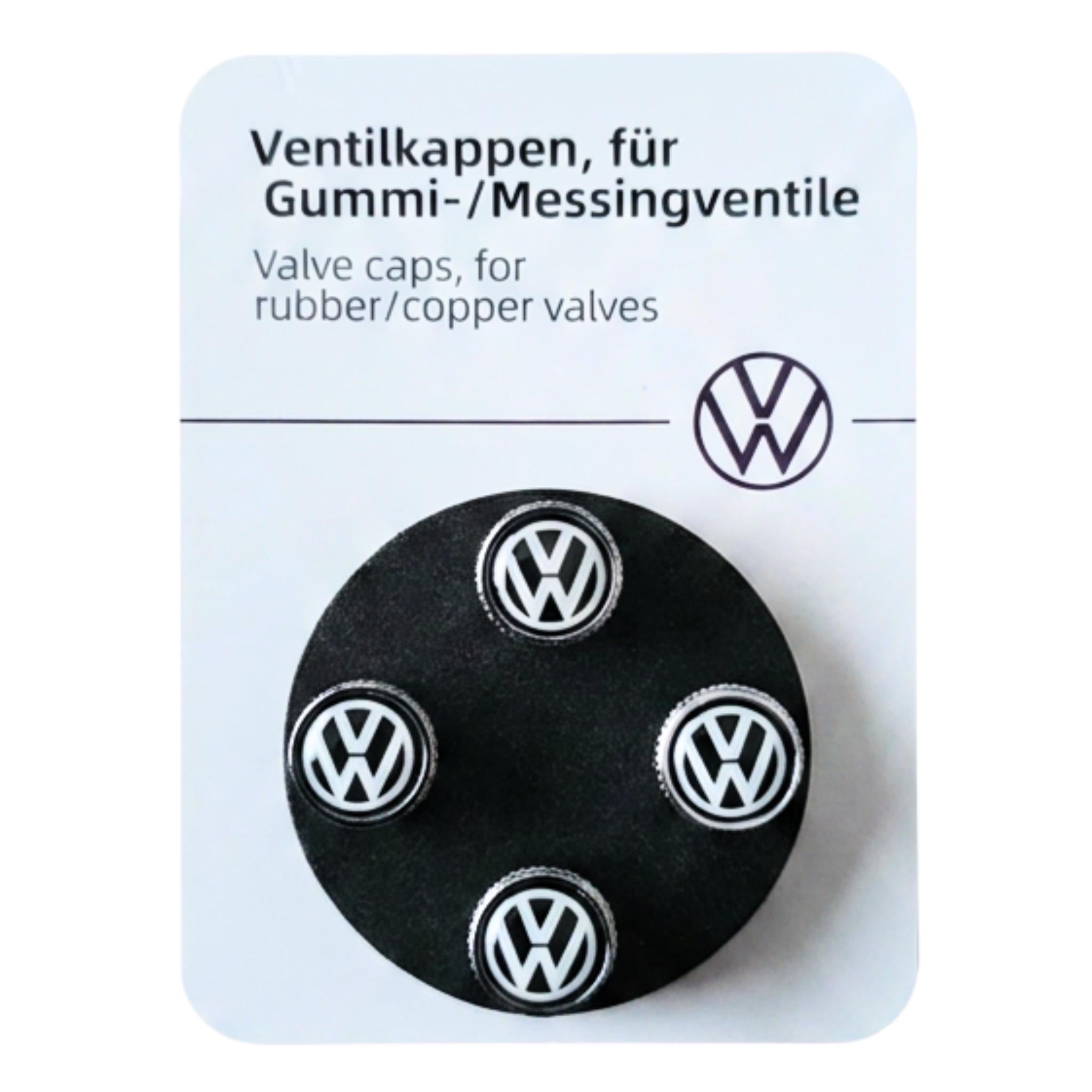 Set of Volkswagen VW tyre valve caps on a branded card with text.