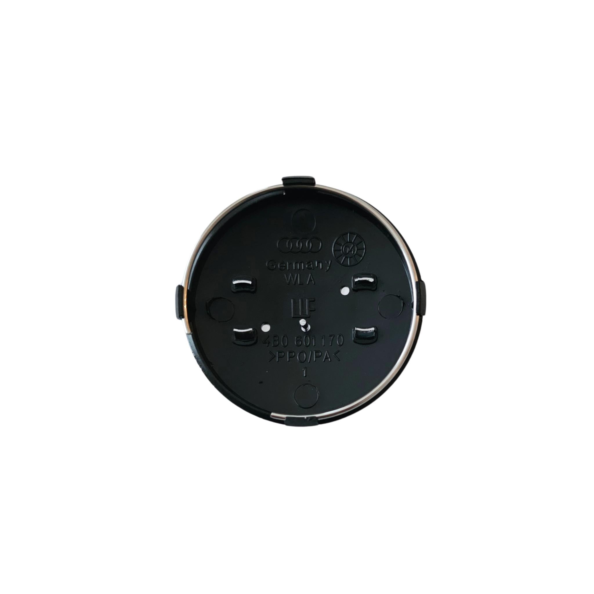 Rear of Audi 60mm wheel centre cap showing part number 4B0601170 with ring logo on a white background