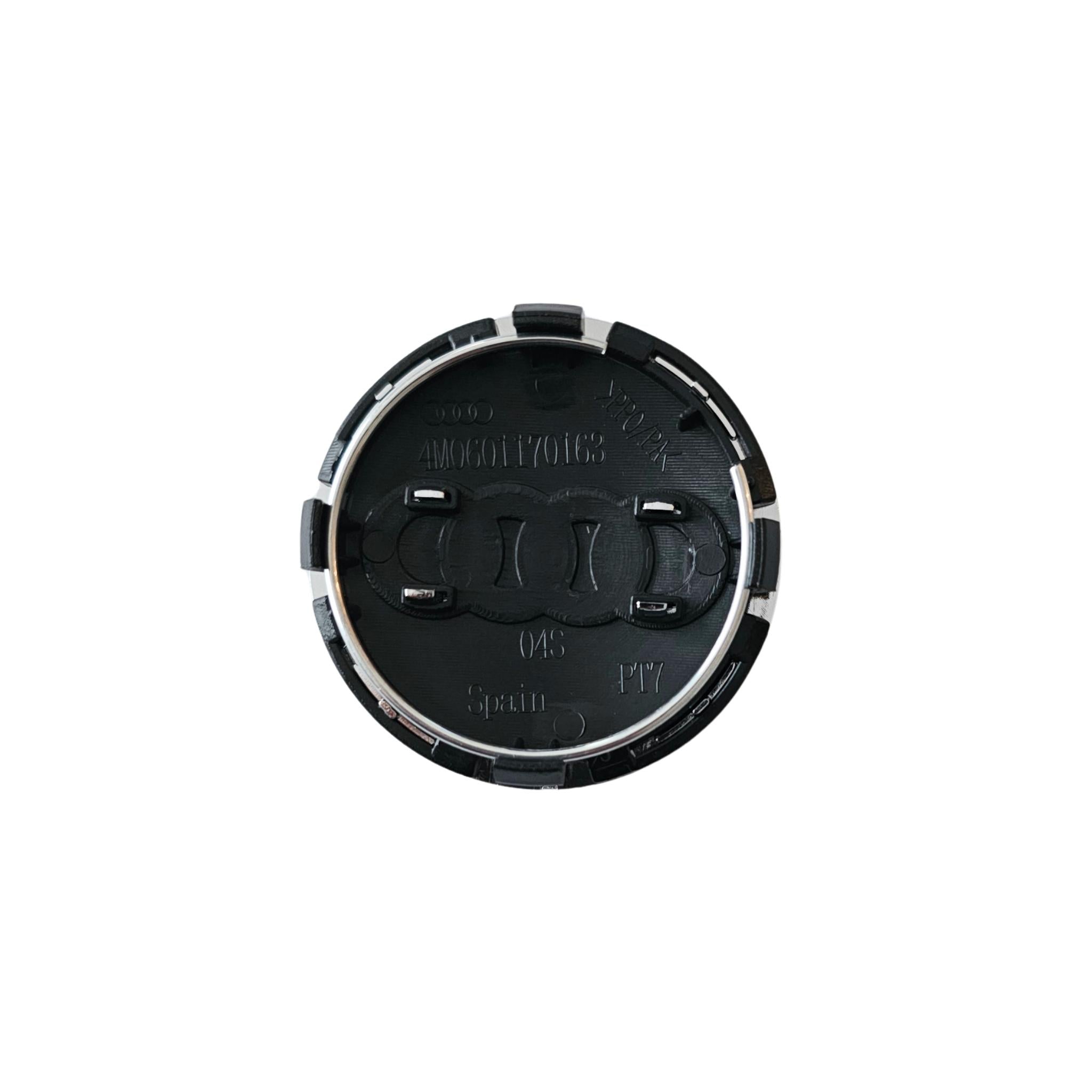 Audi 61mm black wheel centre cap showing part number 4M0601170163 on a white background