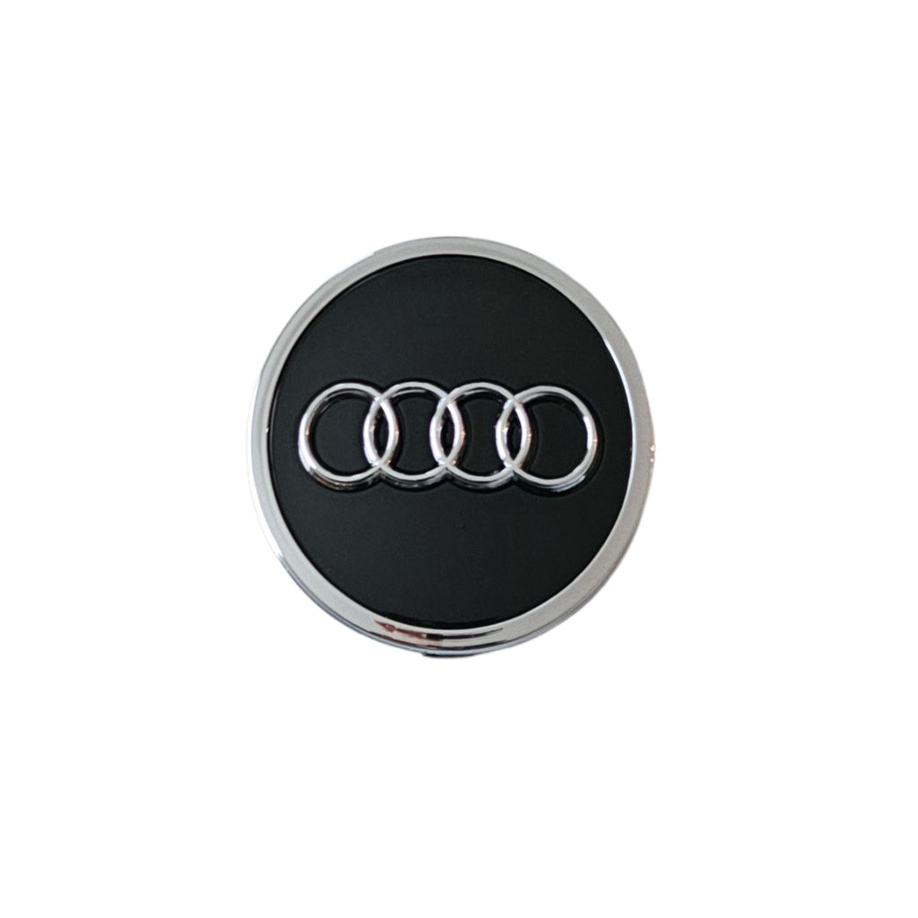 Audi 61mm black logo wheel centre cap on a white background