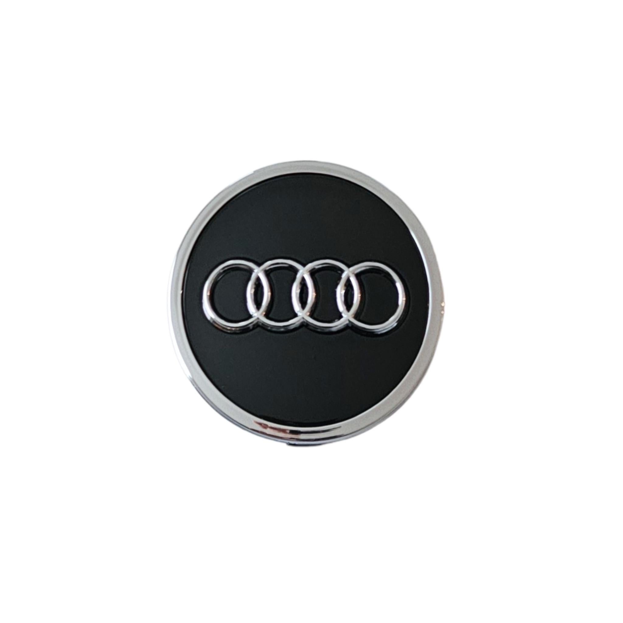 Audi 61mm black logo wheel centre cap on a white background