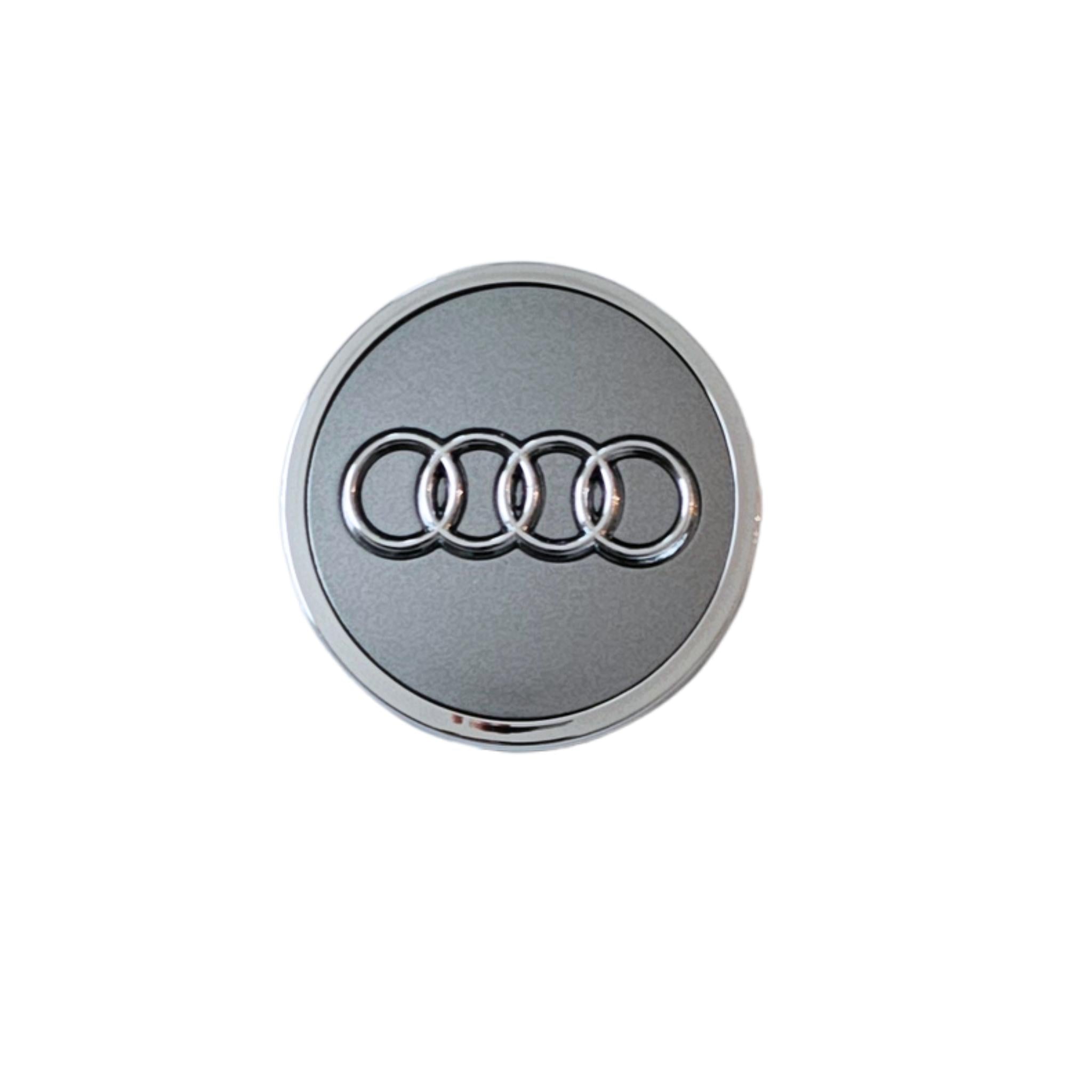 Single Audi logo 61mm Silver Grey Wheel cap on a white background
