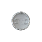 Rear of Audi 61mm Silver Grey Wheelcaps  showing part number 4M0601170163 on a white background