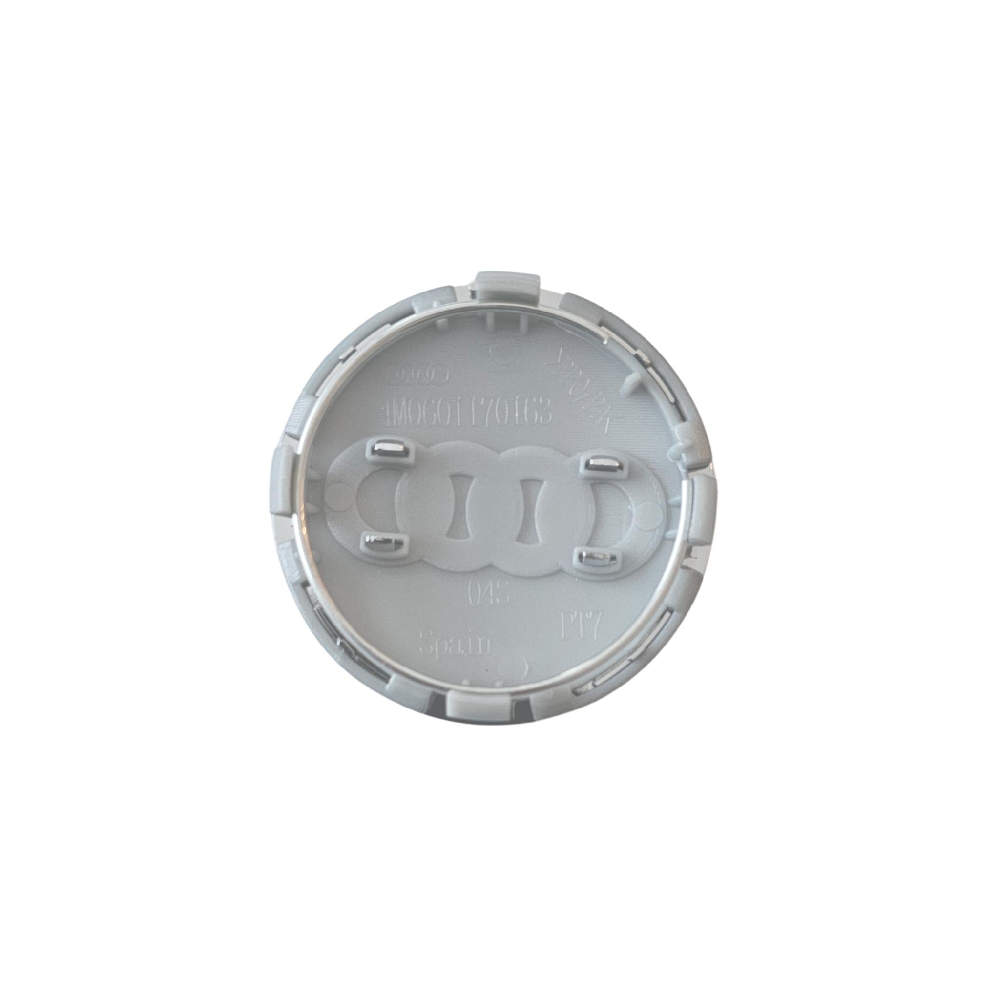 Rear of Audi 61mm Silver Grey Wheelcaps  showing part number 4M0601170163 on a white background