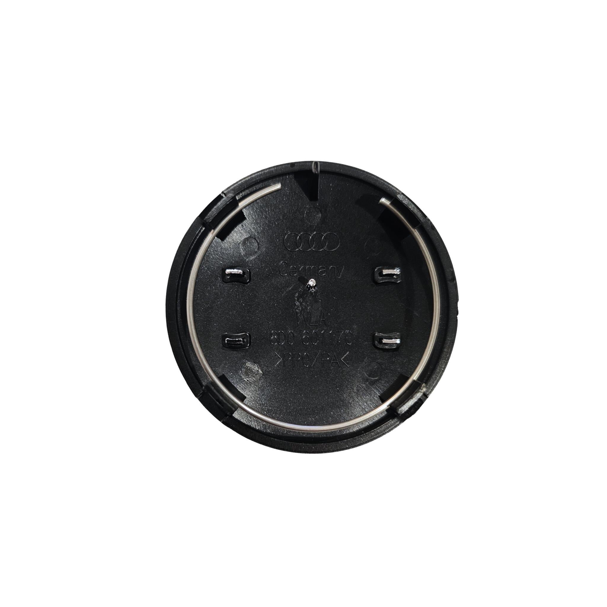 Rear view of black Audi 68mm wheel centre caps with part number 8D0601170 on a white background