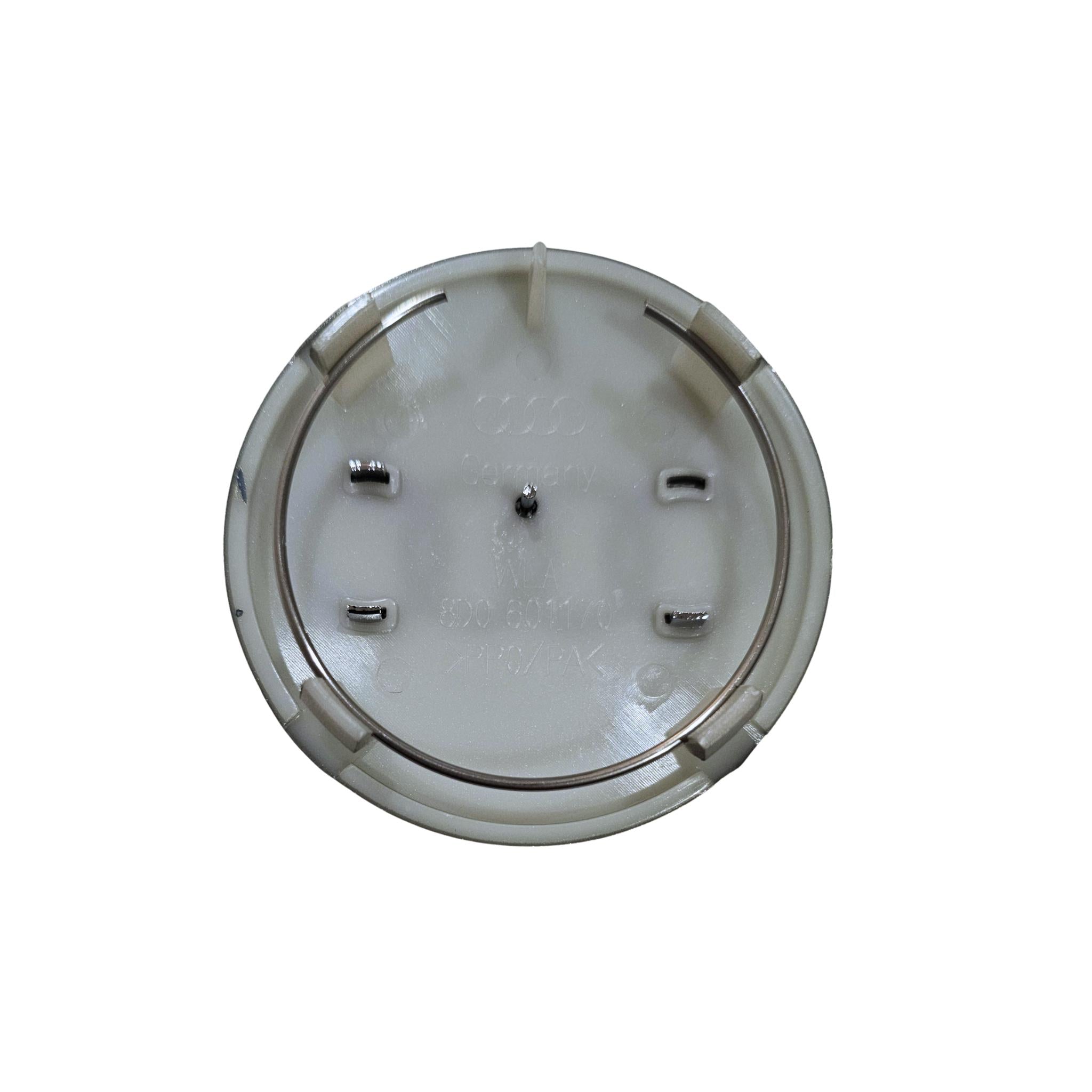 Rear of Audi 68mm Silver wheel centre capshowing part number 8D0601170 on a white background
