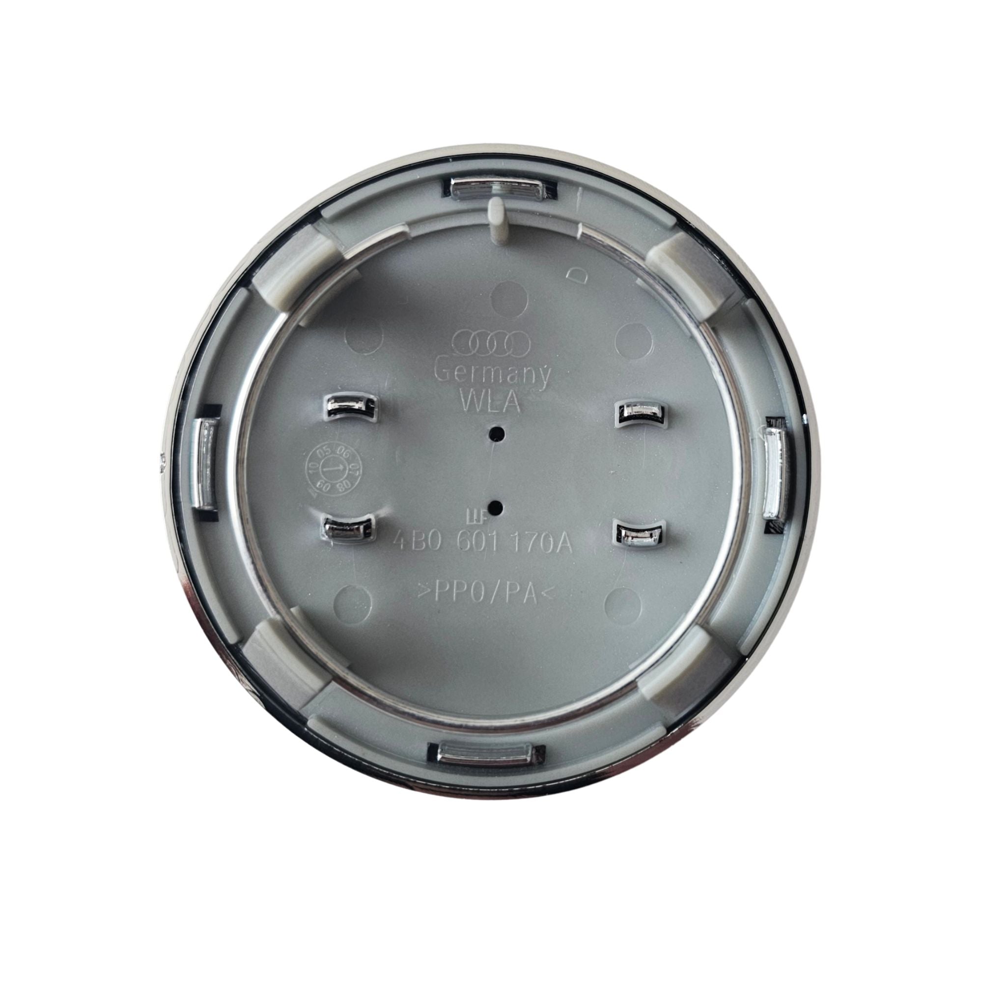 audi silver 69mm wheelcap rear view showing markings and part number on white background