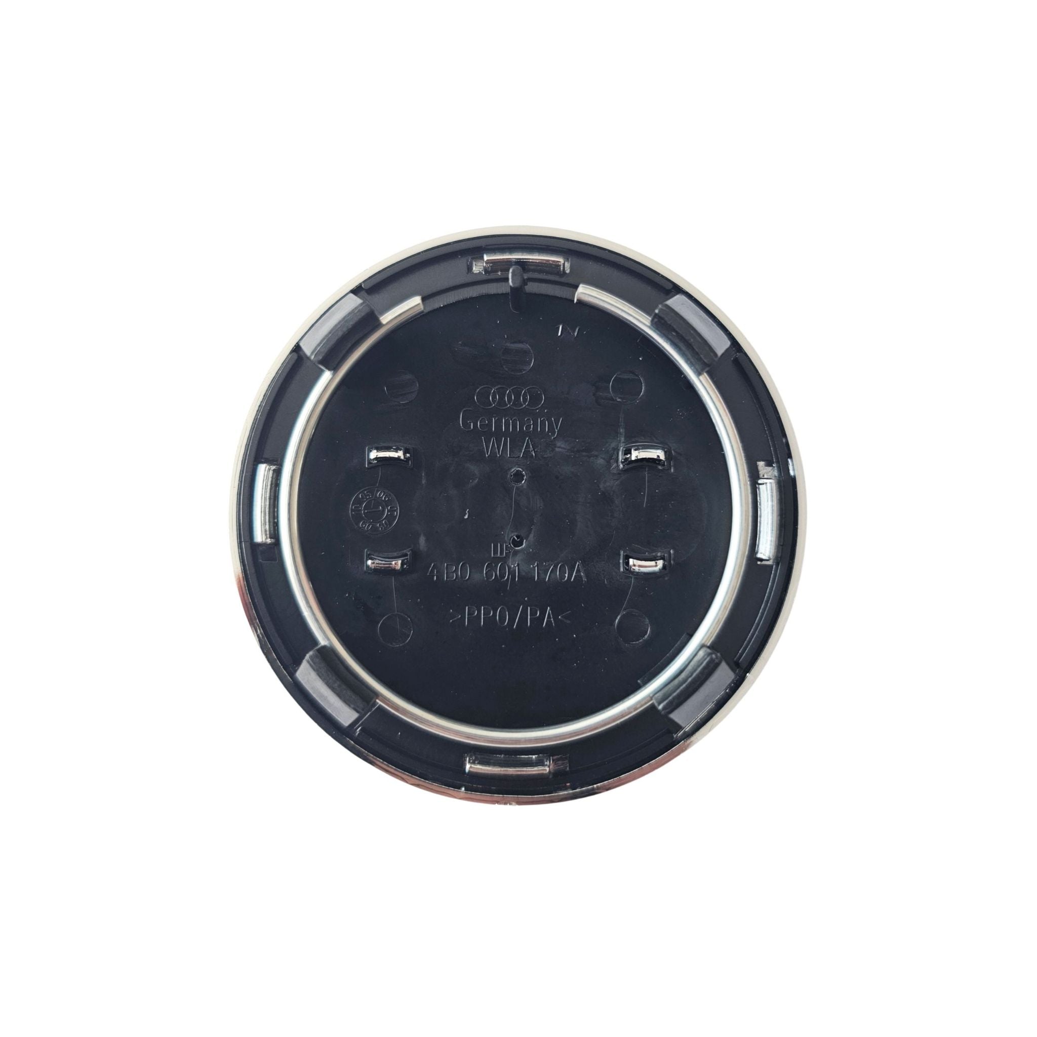 Rear of 69mm Black Audi wheel centre caps on a white background 