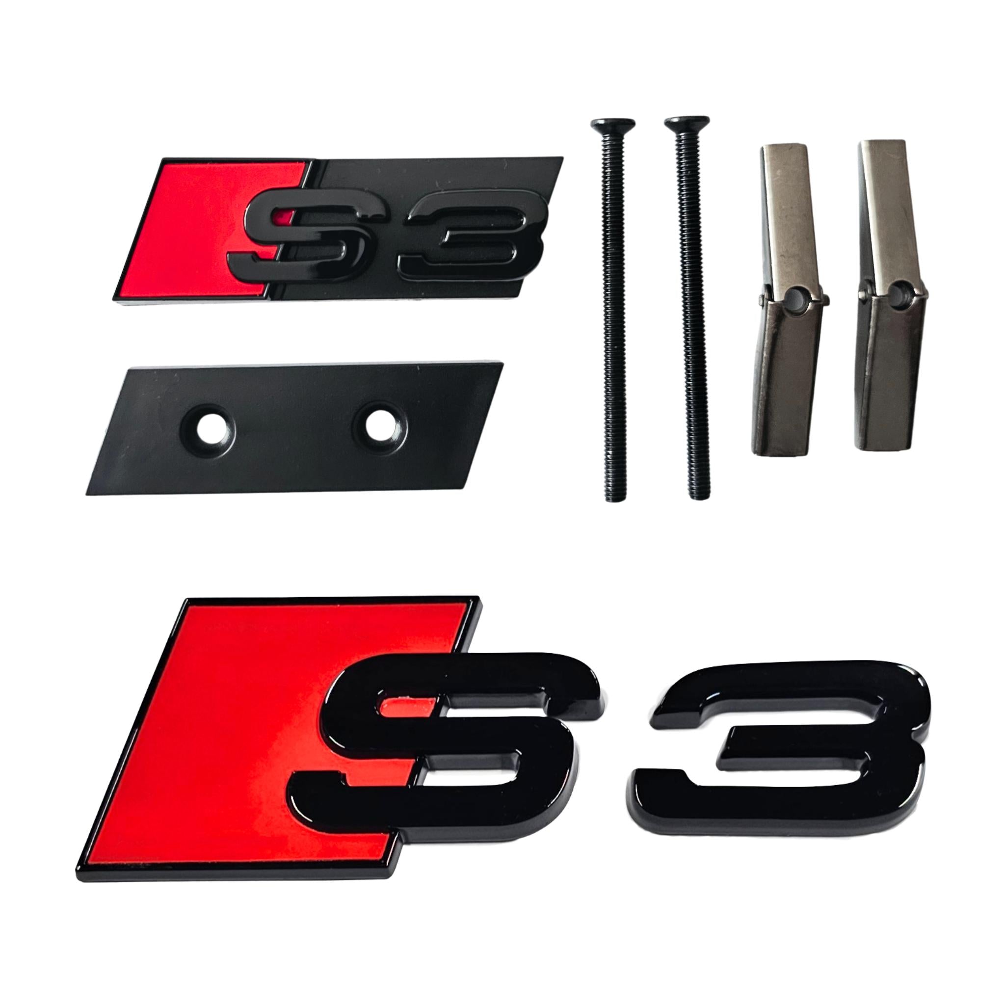 Audi S3 logo gloss black badges with red accent Front and rear on a white background.