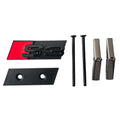 Gloss Black Audi S3 front badge with red accents and grill mouting hardware kit on a white background