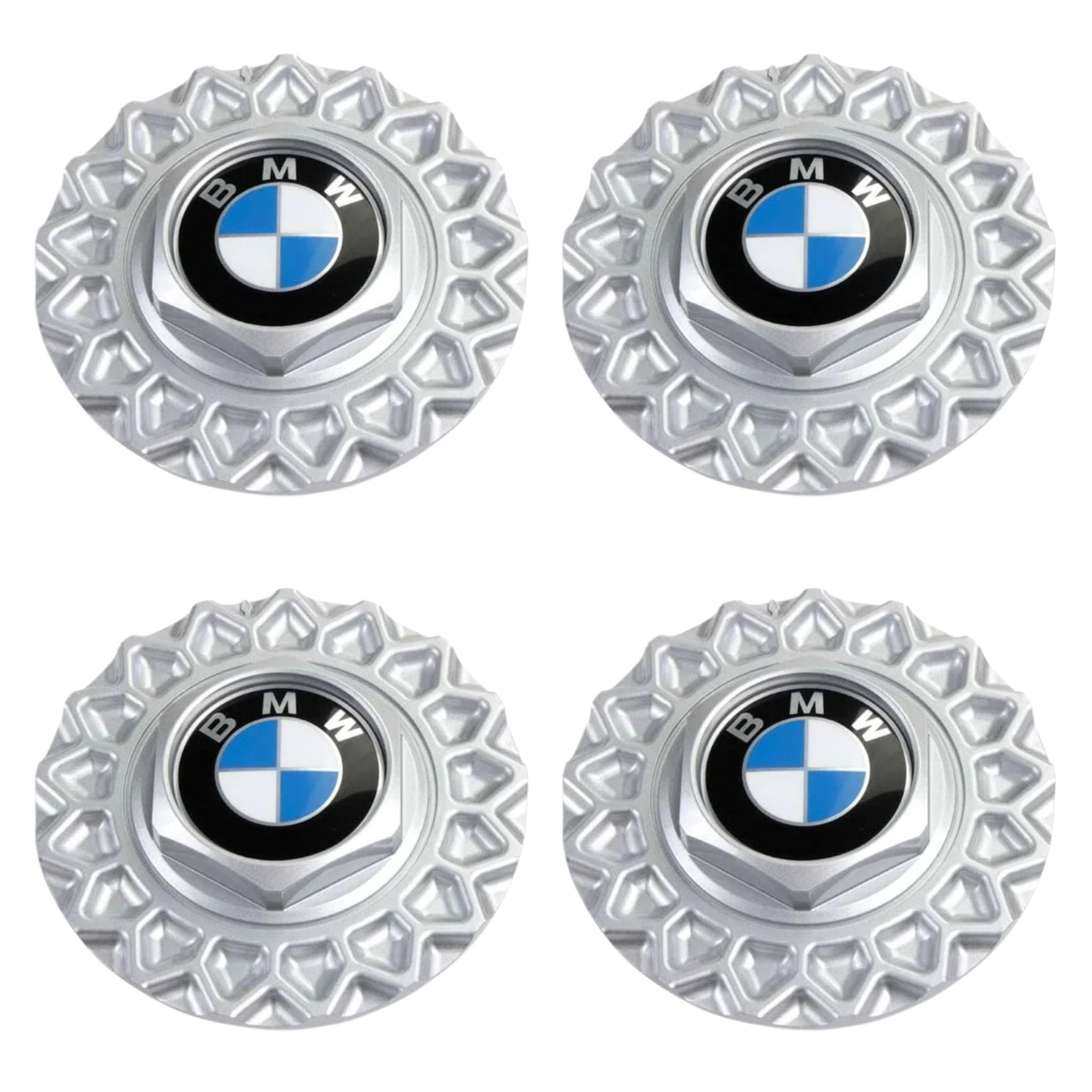  4 BMW 15 Inch Wheel Centre Hub Cap Covers 165mm 36131179828 on a white background