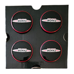 MINI JCW Spinning Floating Wheel Centre Caps Set of 4 out of box on a white background