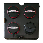 Four MINI John Cooper Works JCW Floating Wheel Centre Caps 56mm on flipped showing rear side on a white background