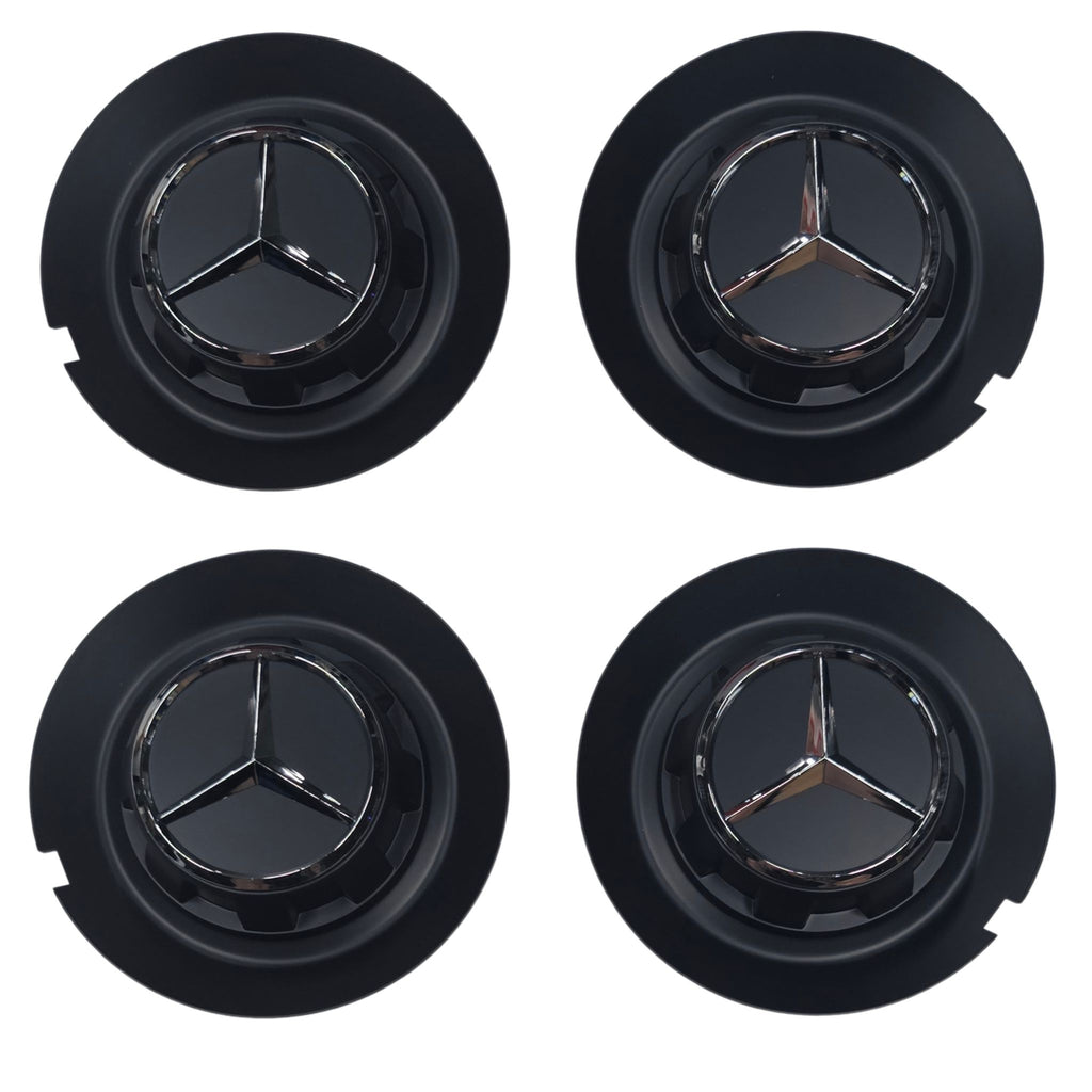 Four Mercedes-Benz  147mm Wheel centre hubcaps with on a white background
