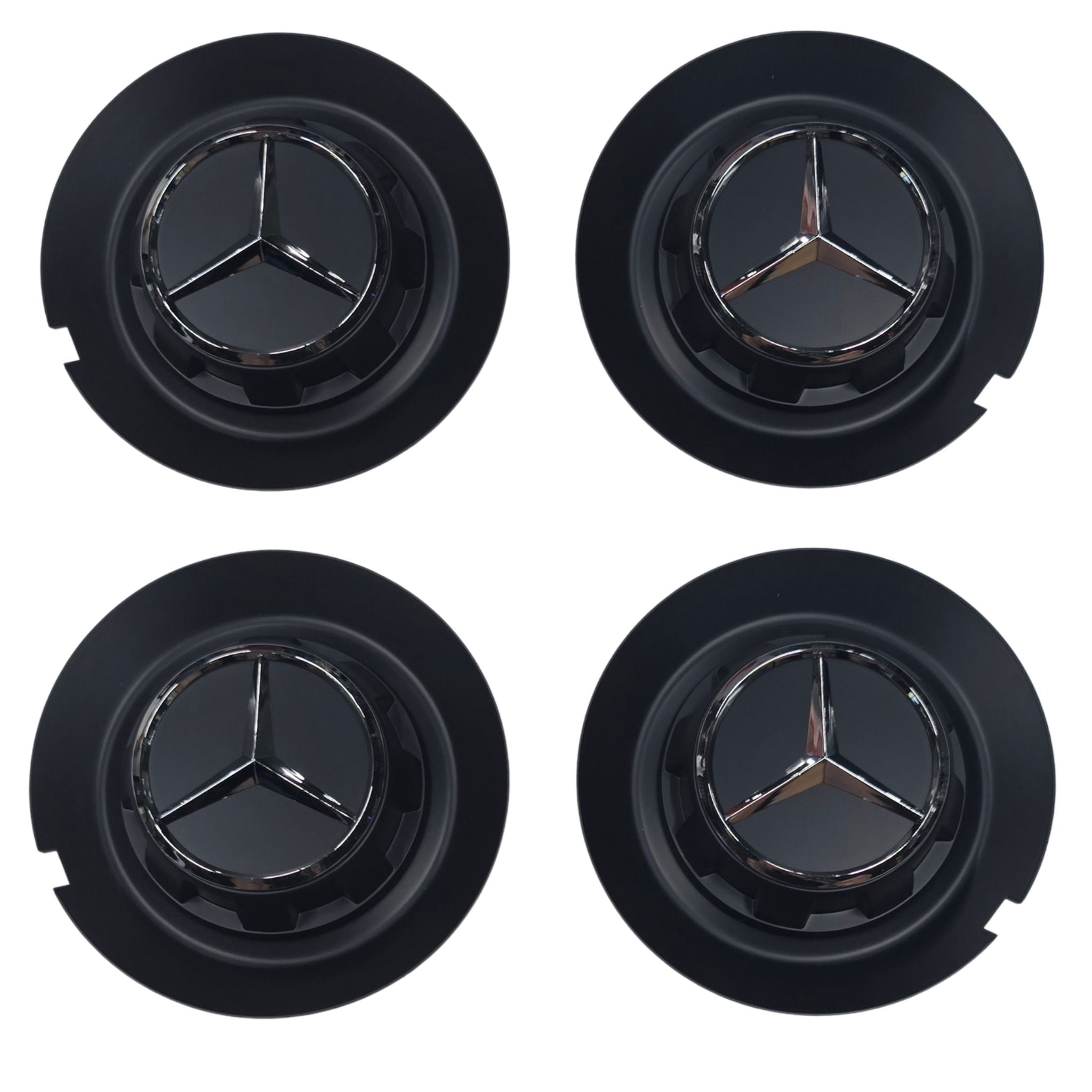 Four Mercedes-Benz  147mm Wheel centre hubcaps with on a white background
