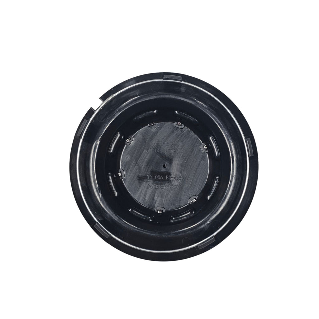 Single Black Mercedes 147mm wheel centre cap showing rear side on a white background