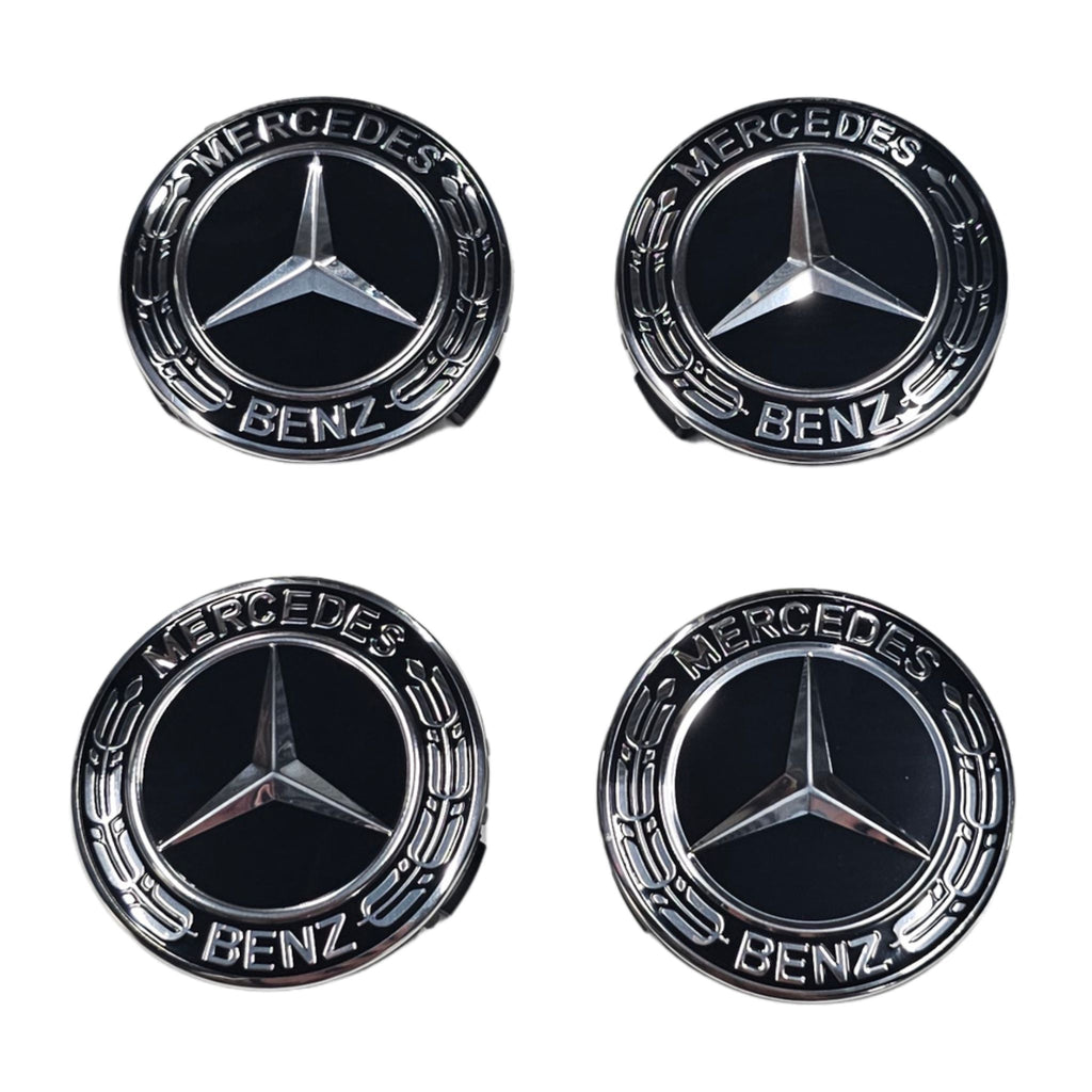 Four Black Mercedes-Benz Wheel Centre Cap emblems on a white background