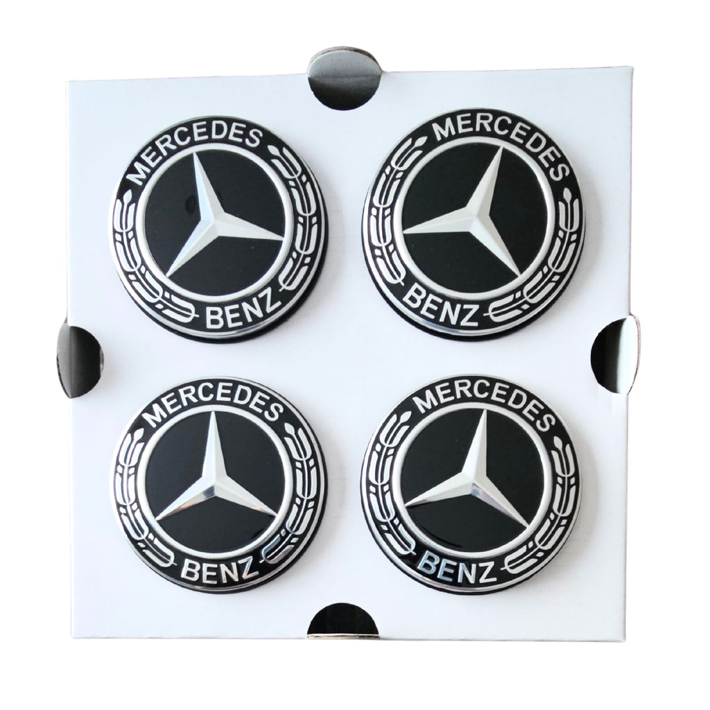 4 x 75mm Mercedes Spinning Dynamic Floating Wheel Hub Centre Caps on a white background