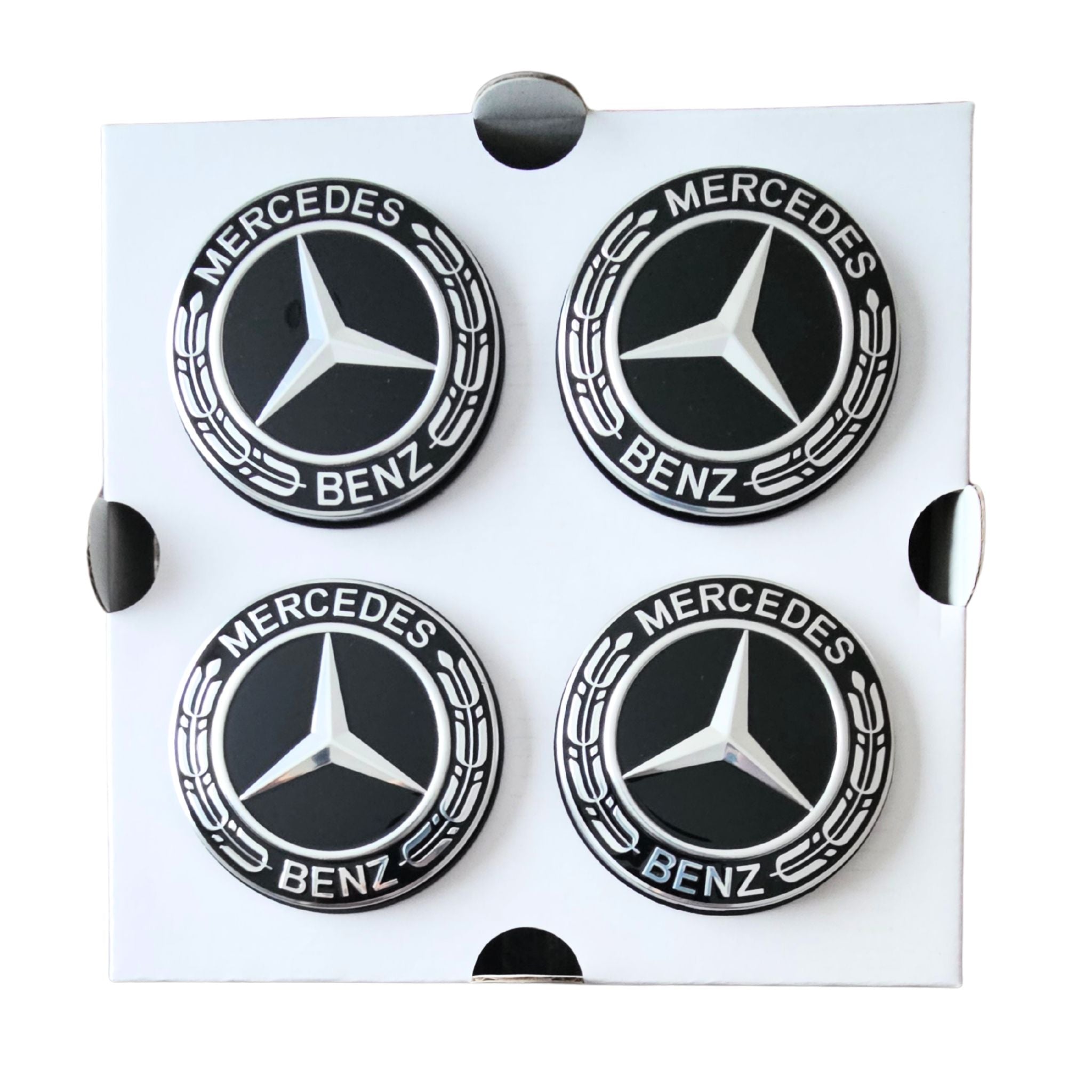 4 x 75mm Mercedes Spinning Dynamic Floating Wheel Hub Centre Caps on a white background