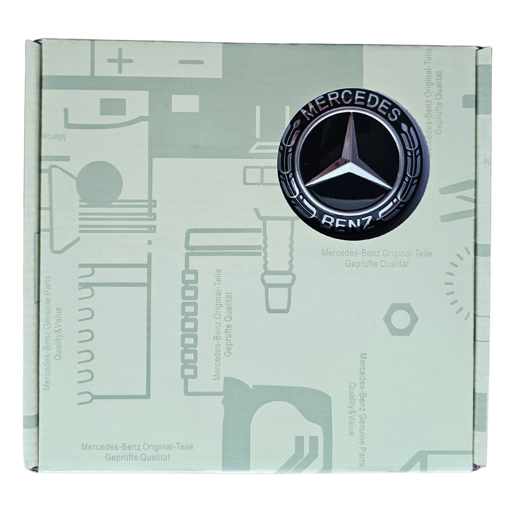 Set of 4 Mercedes Dynamic Floating Wheel Centre Caps 75mm in box on a white background.