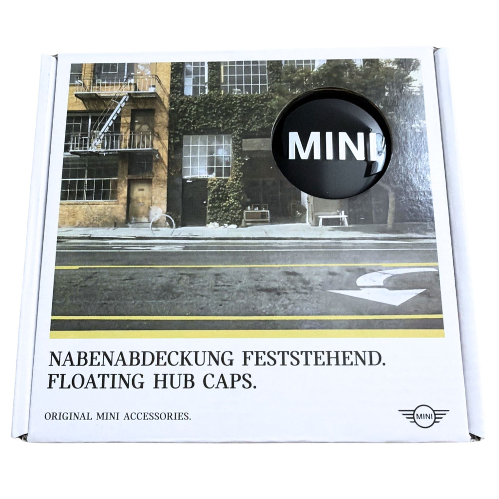 MINI Dynamic Floating Centre Caps with Spinning Mechanism in white product box on a white backgound