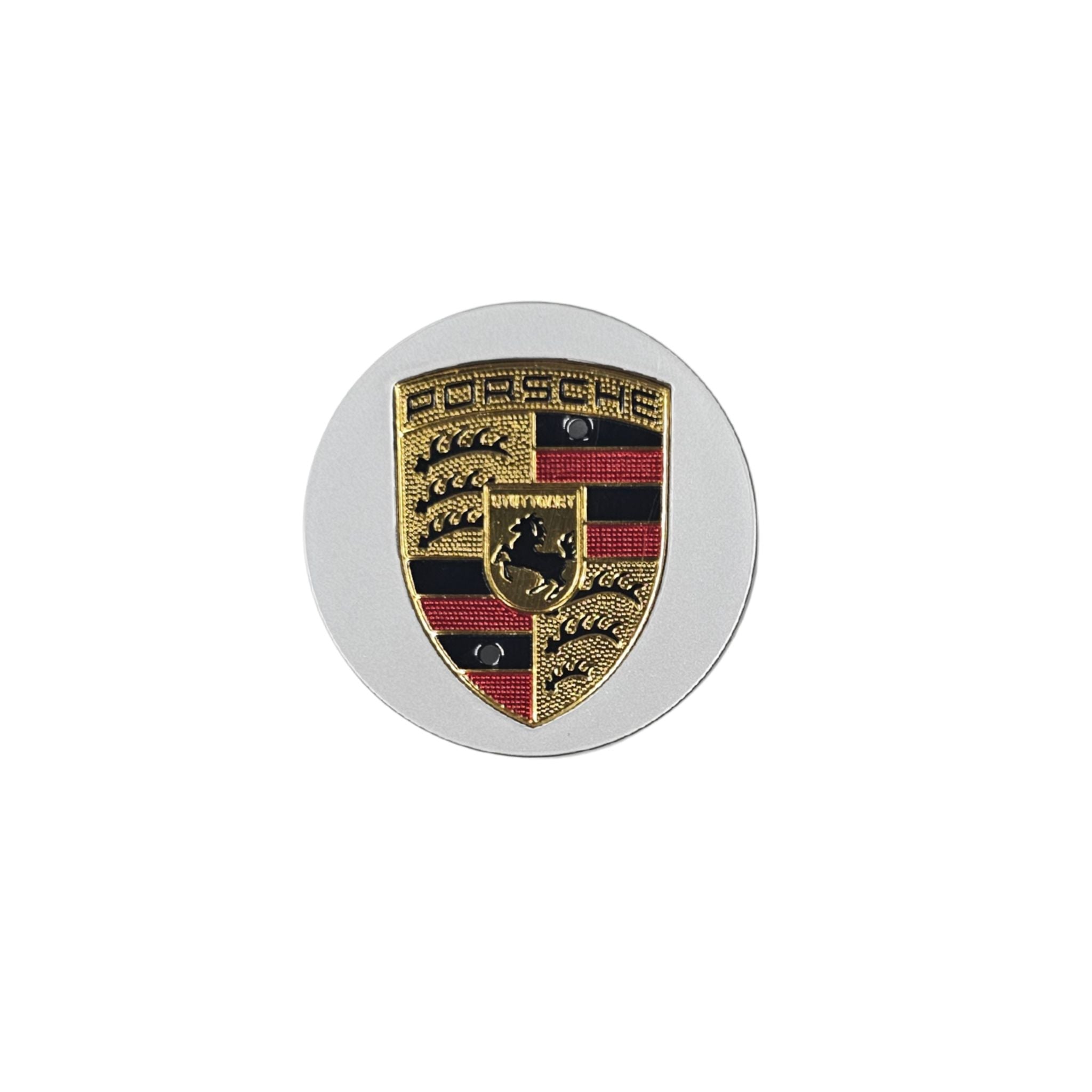 Single Porsche 65mm car wheel center cap on a white background