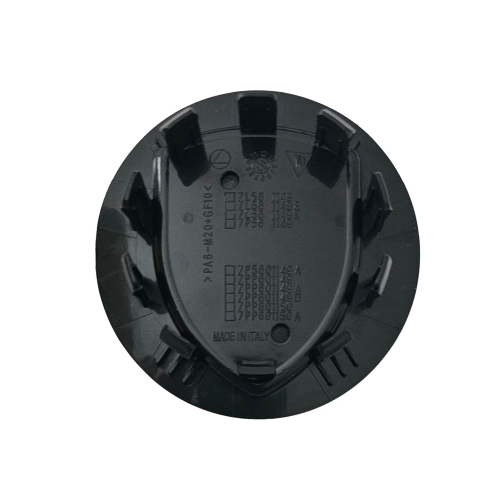 Rear of Single Black Porsche 76mm Wheel Centre Cap with part numbers on white background