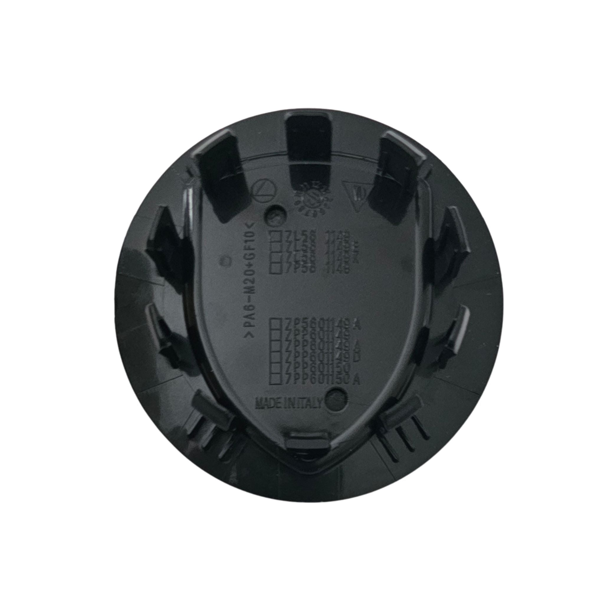 Rear of Single Black Porsche 76mm Wheel Centre Cap with part numbers on white background