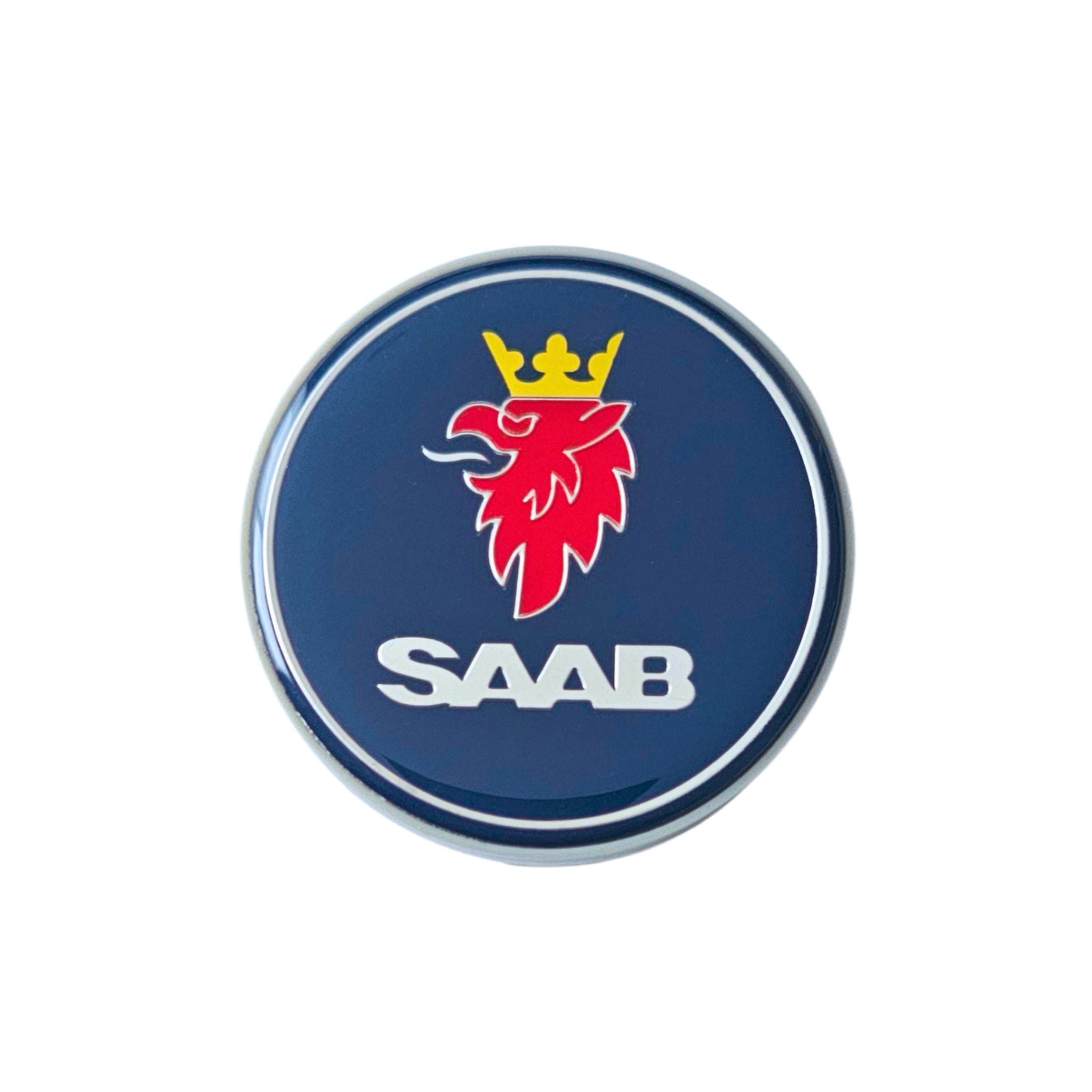 Single Replacement Saab Blue Wheel Centre Cap 12775052 on a white background