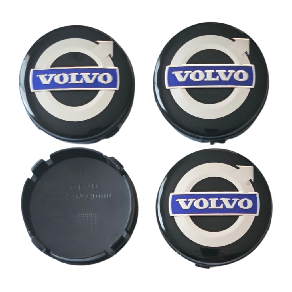 Four Volvo 64mm Black Blue Wheel Centre Caps in Gloss Black with Volvo logo on a white background