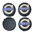 Four Volvo 64mm Black Blue Wheel Centre Caps in Gloss Black with Volvo logo on a white background