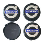 Four Volvo 64mm Black Blue Wheel Centre Caps in Gloss Black with Volvo logo on a white background