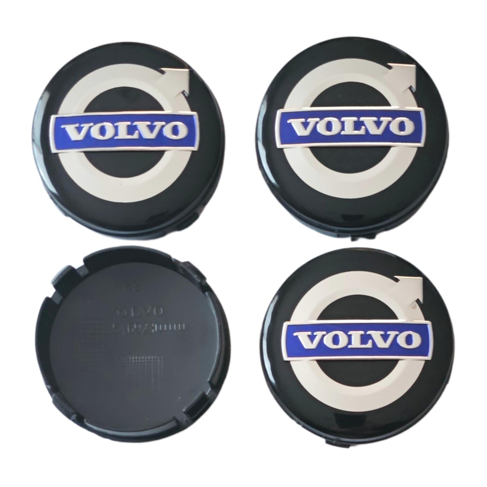 Four Volvo 64mm Black Blue Wheel Centre Caps in Gloss Black with Volvo logo on a white background