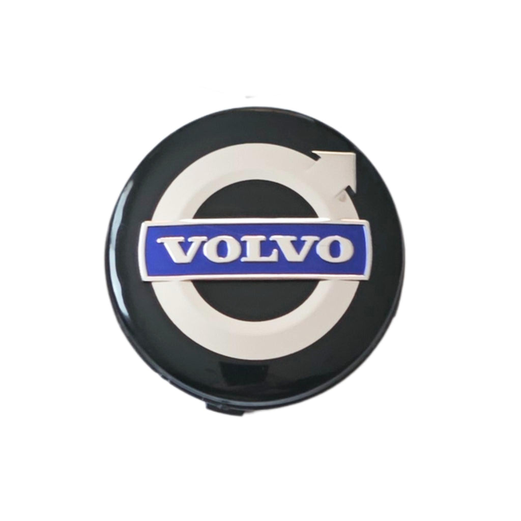 Single Volvo 64mm balck wheel centre caps with Volvo logo on a black background
