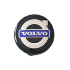 Single Volvo 64mm balck wheel centre caps with Volvo logo on a black background