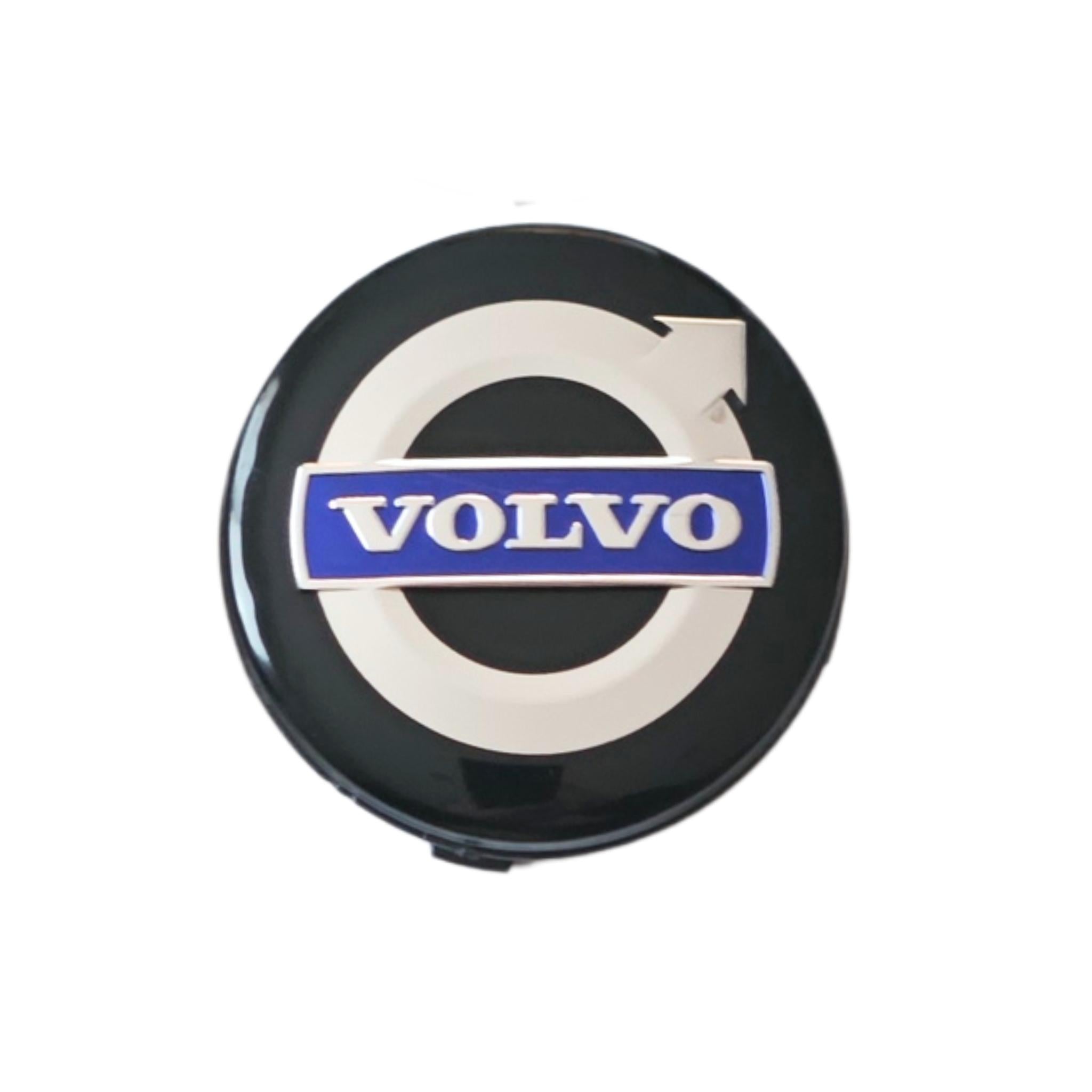 Single Volvo 64mm balck wheel centre caps with Volvo logo on a black background