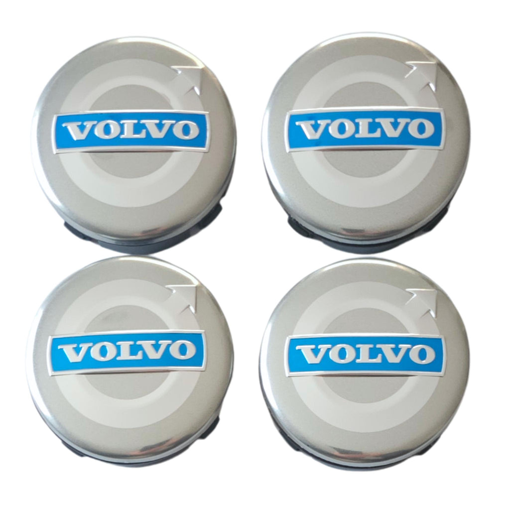 4 Volvo 64mm Silver Blue Wheel Centre Caps OEM Style Replacement on a white background