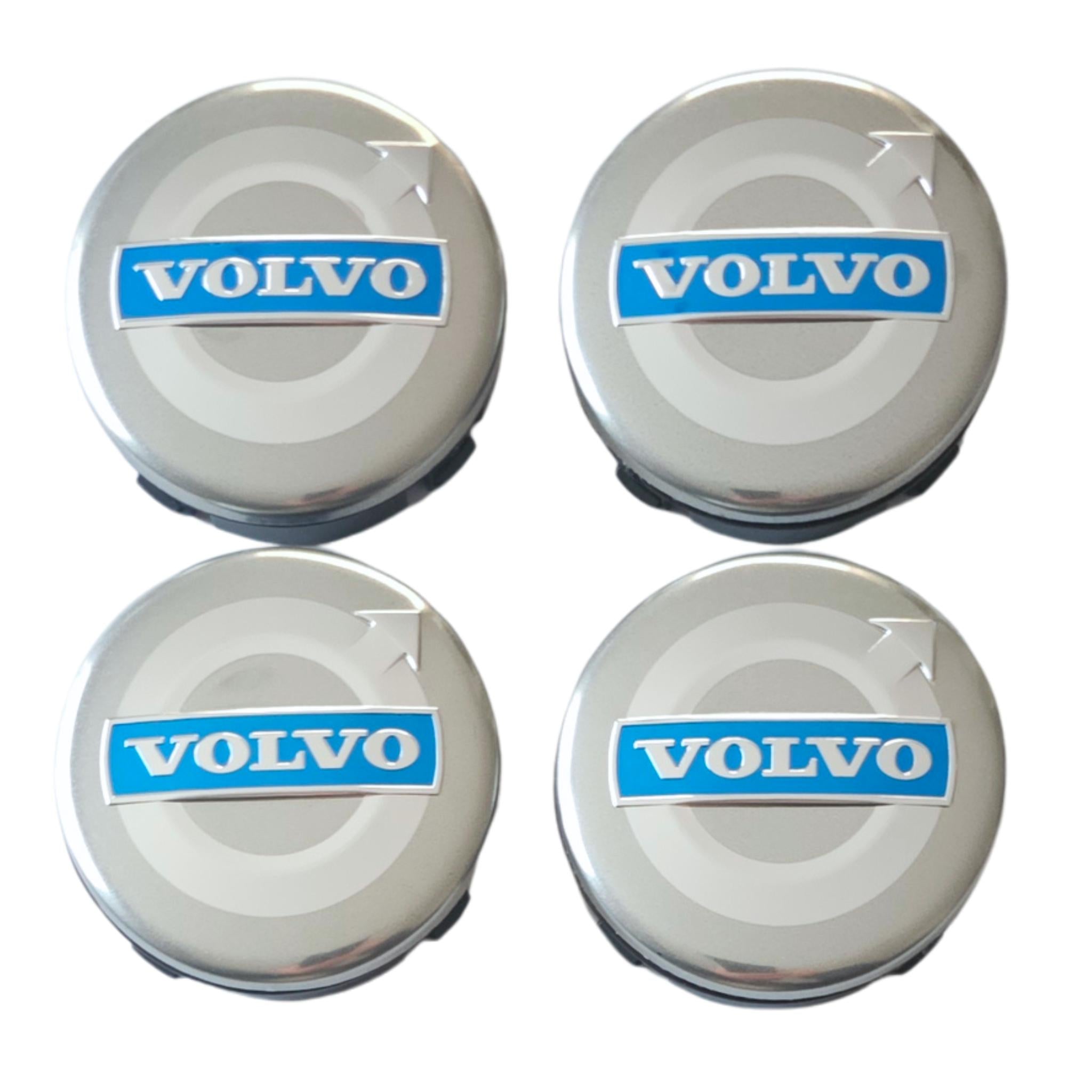 4 Volvo 64mm Silver Blue Wheel Centre Caps OEM Style Replacement on a white background