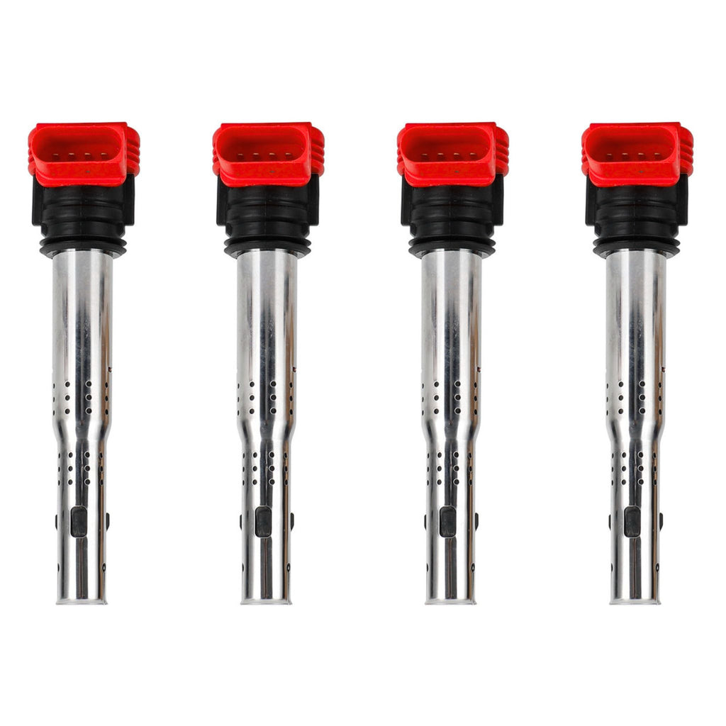 Four vw audi red top coil packs 06D905115G on a white background