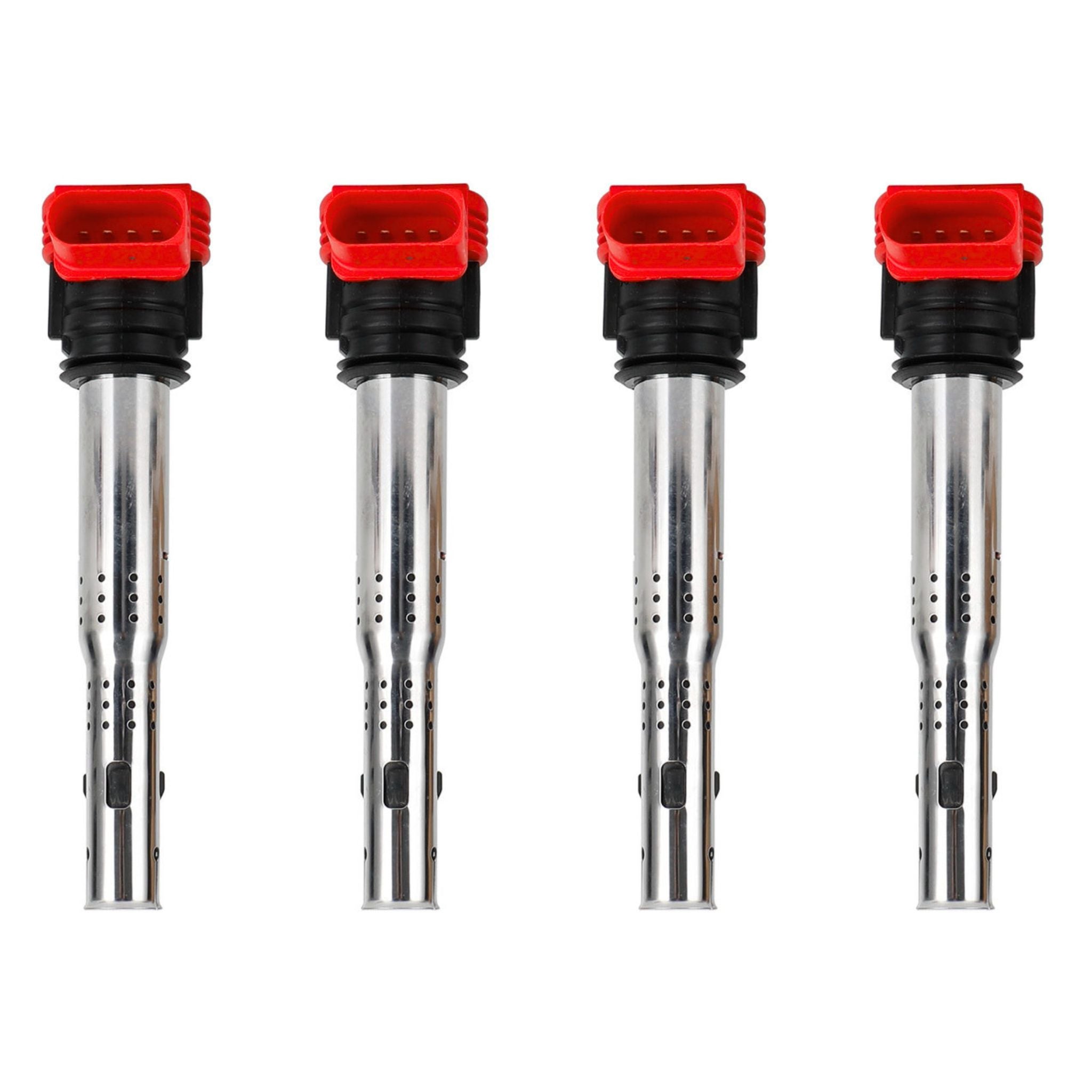 Four vw audi red top coil packs 06D905115G on a white background