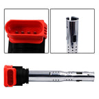 Close view of vw audi red top coil pack 06D905115G on a white background