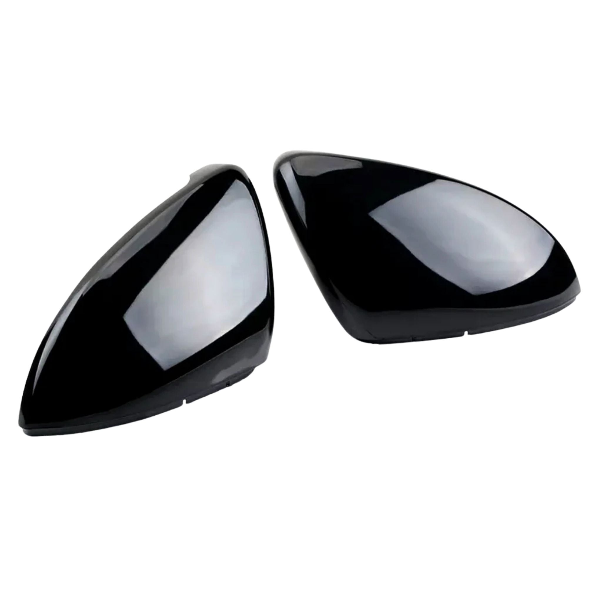 left and right VW Golf Mk7 MK7.5 GTI R Gloss Black Mirror Caps on a white background