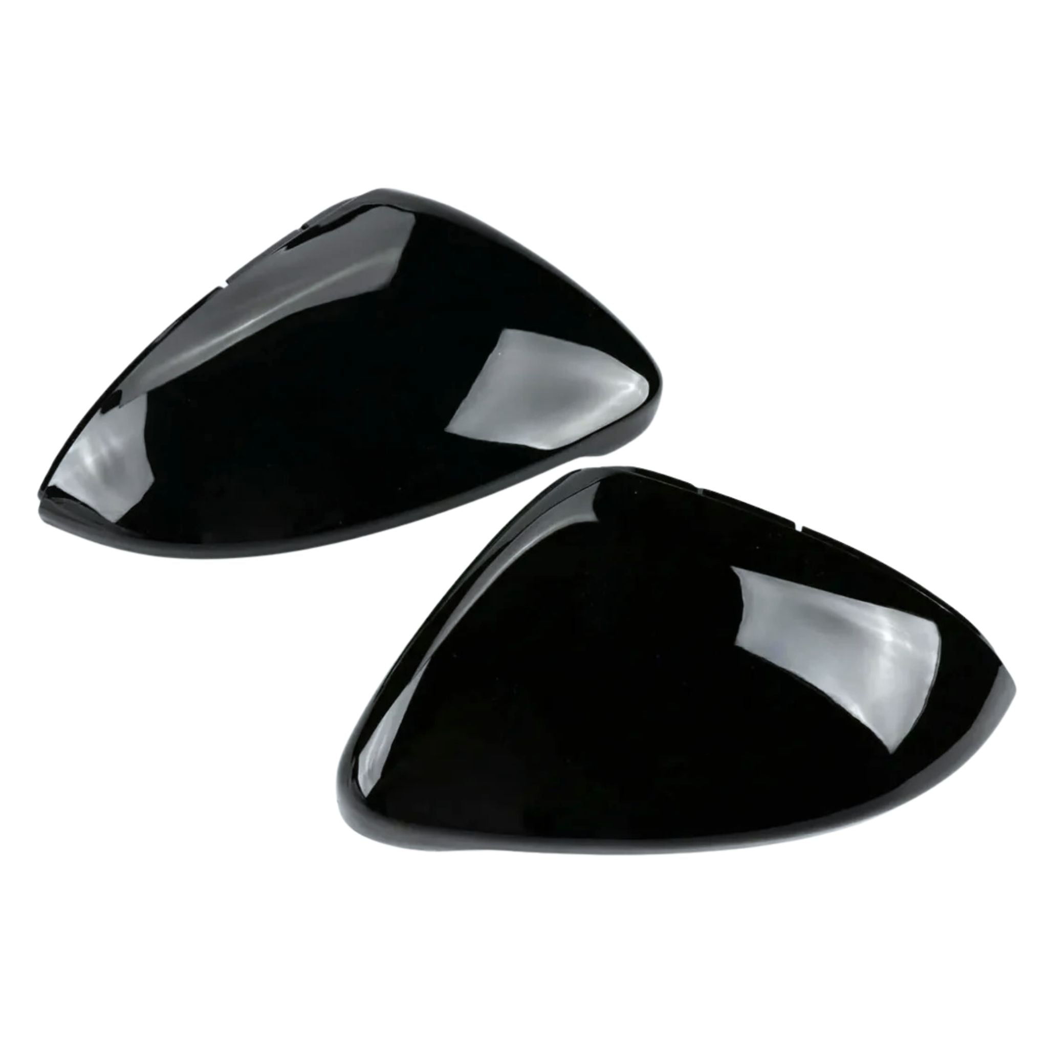 Pair of Gloss Black Mirror Covers for VW Golf Mk7 Mk7.5 on a white background