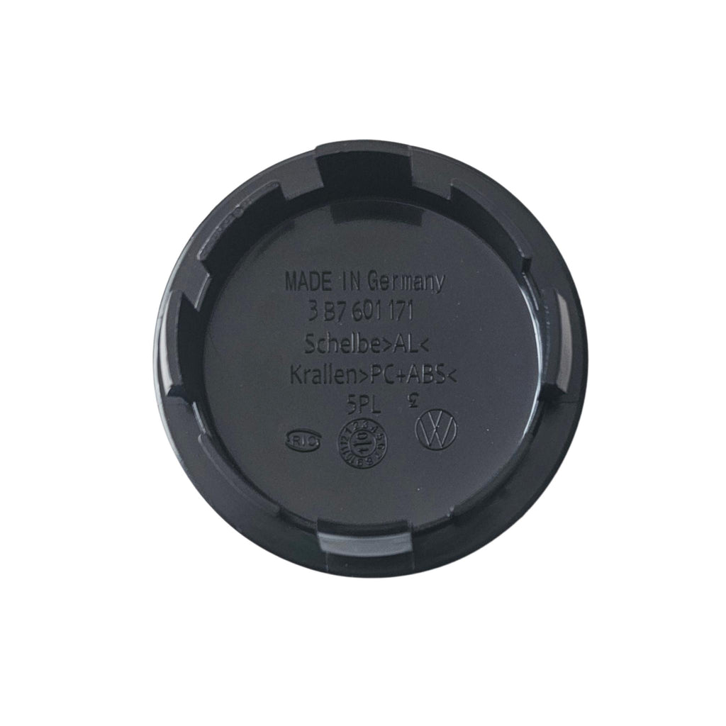 Rear view of vw volkswagen 65mm wheel centre cap showing part number 3b7601171 on a white background